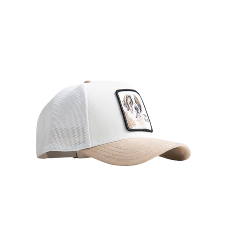 White and beige cap with a patch on a white background